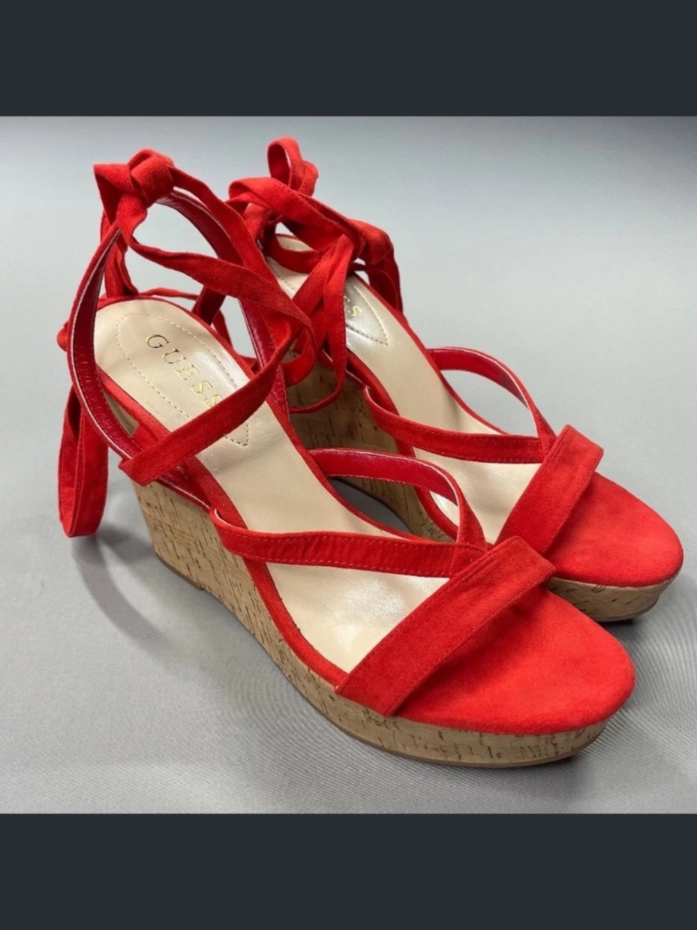 NEW Guess Shoes Womens 9.5 red brown Treacy faux suede cork wedge heels summer